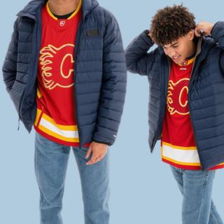 blue background with image of guy wearing hockey jersey with jacket and jeans